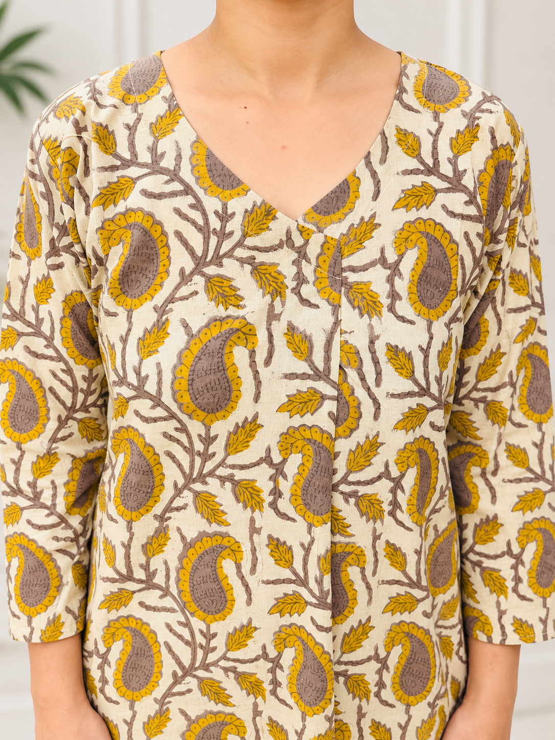 Mustard Paisley Jaal Jahota Handblock Printed Straight Cut Cotton Kurta