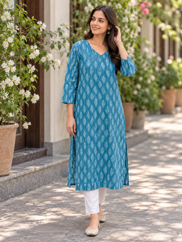 Teal Blue Ogee Lattice Dabu Handblock Printed Straight Cut cotton kurta