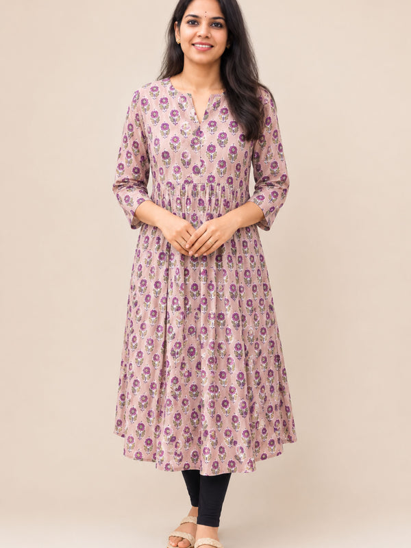 Plum Bagru Block Printed Pleated A-Line Kurta