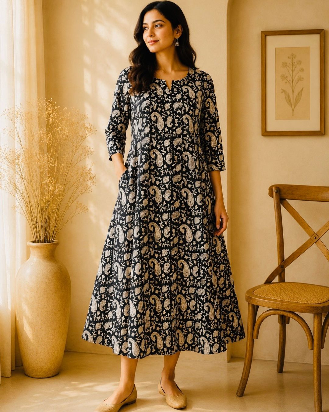 Black Block Printed A-Line Kurta