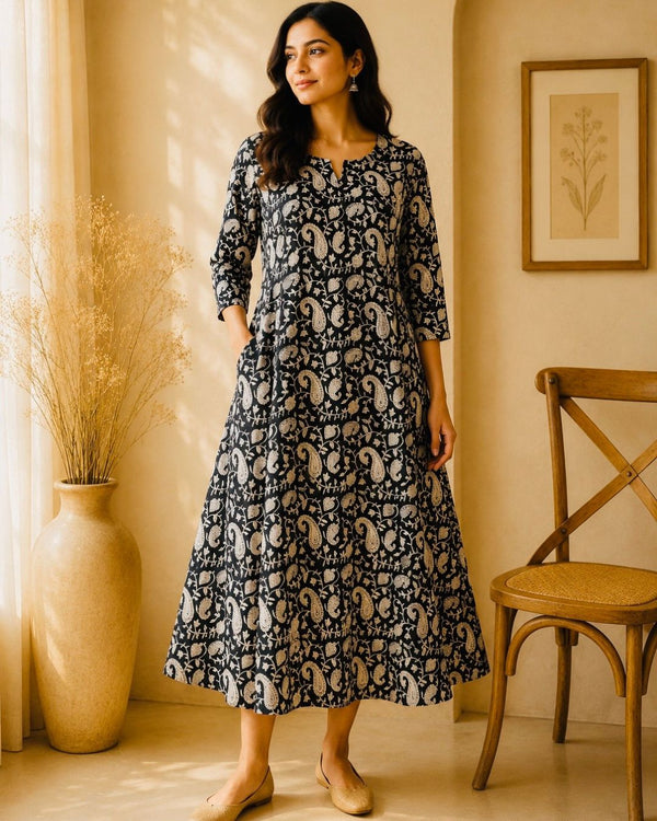 Black Block Printed A-Line Kurta