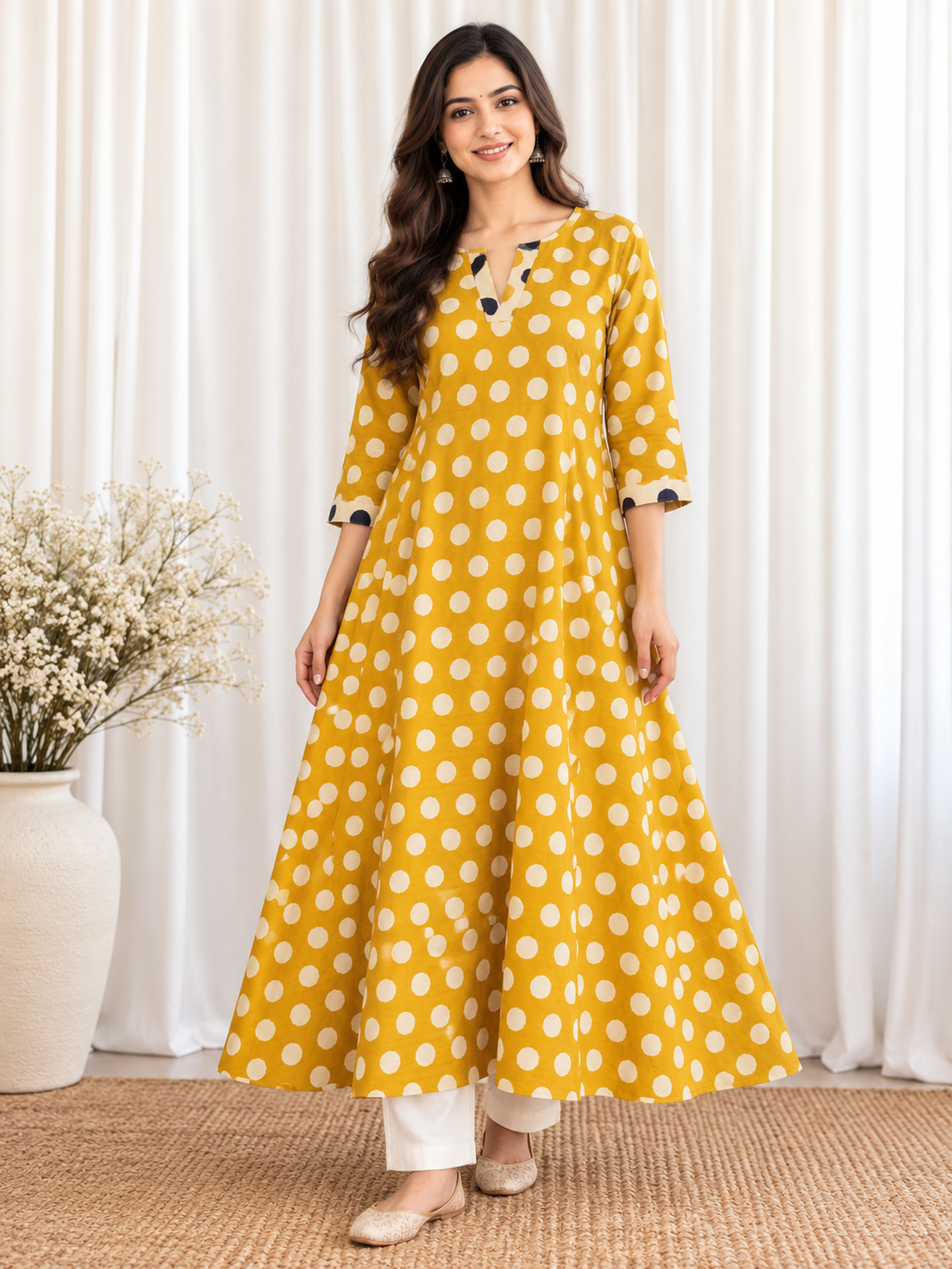 Mustard Yellow Polka Dot HandBlock Printed A-Line Cotton Kurta