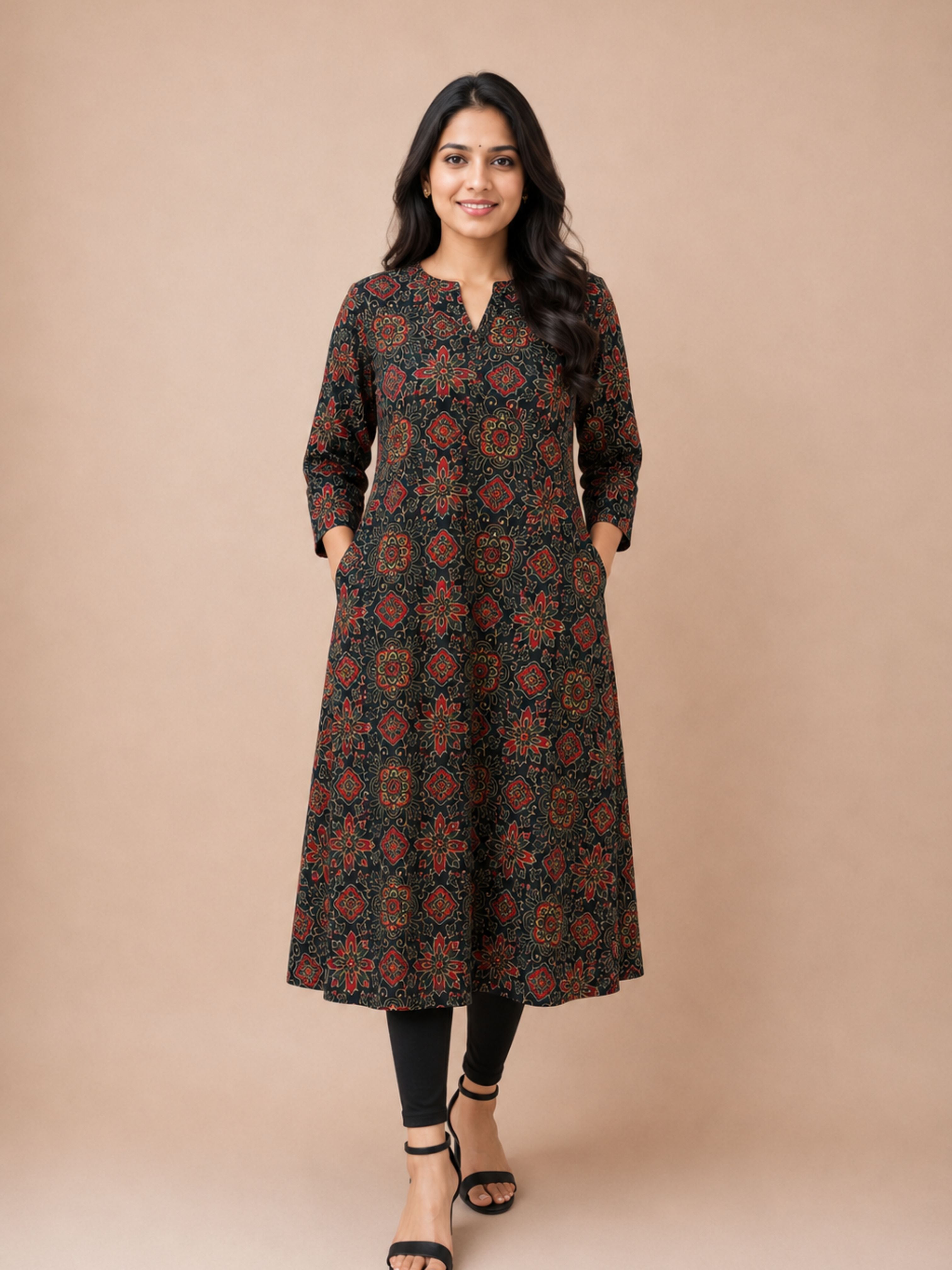 Green Ajrak Block Printed A-Line Kurta