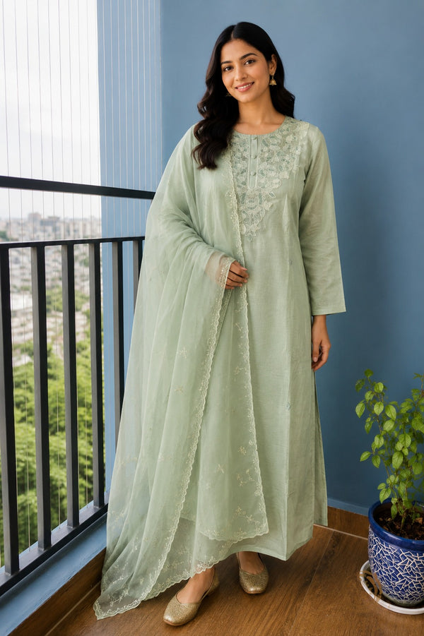 Pistachio Dola Silk Hand Zardosi Suit Set- 3 Piece