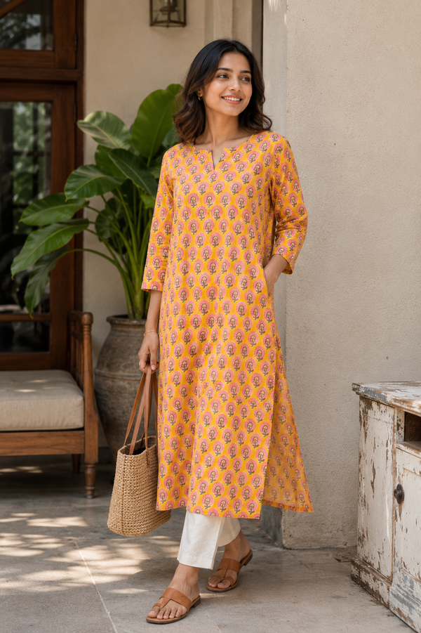 Yellow Bagru Straight Cut Kurta With Lining