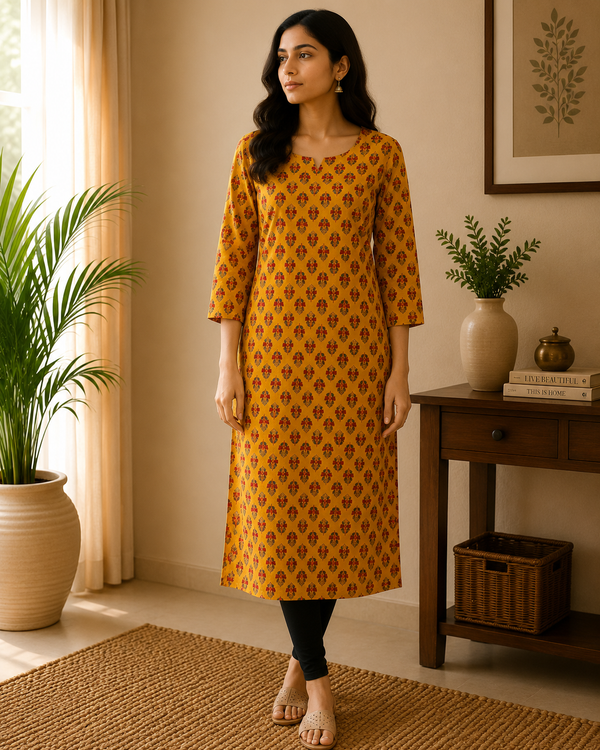 Mustard Yellow With Butti Cotton Kurta