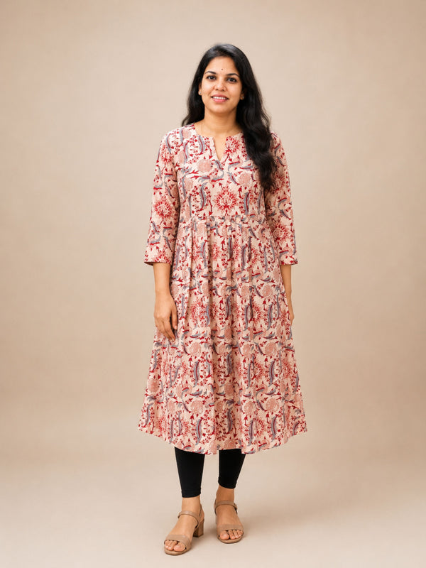 Peach Bagru Block Printed Pleated A-Line Kurta