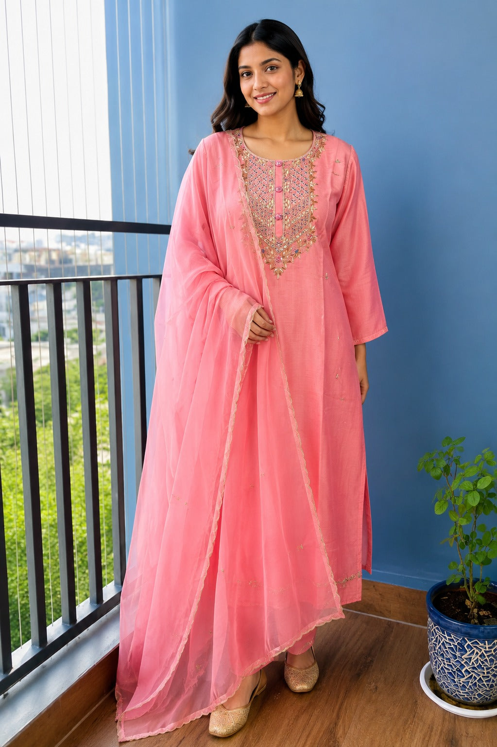 Salmon Pink Dola Silk Hand Zardosi Suit Set - 3 Piece