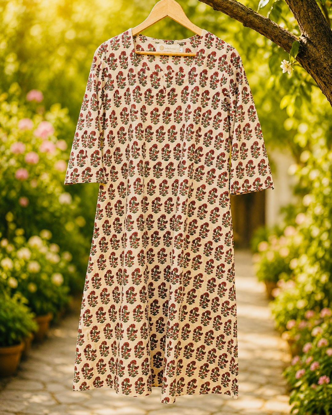 Beige Bagh Block Printed Cotton A-Line Kurta