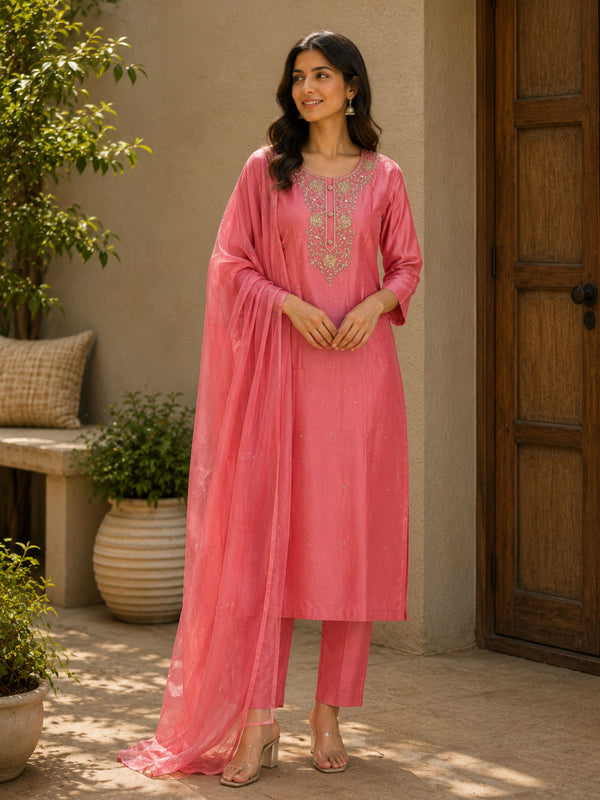 Coral Dola Hand Zardosi Set - 3 Piece