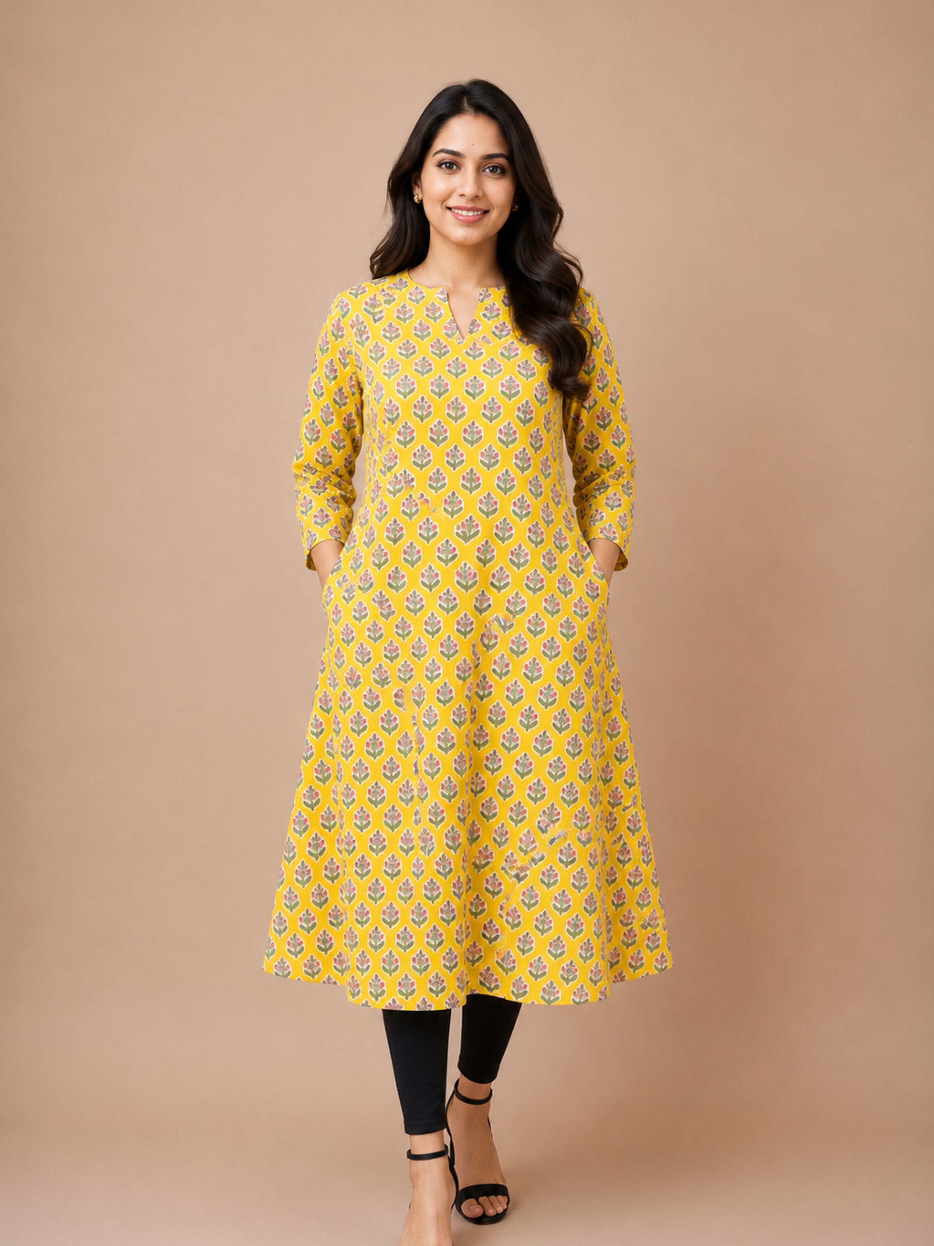 Lemon Yellow Bagru Block Printed A-Line Kurta