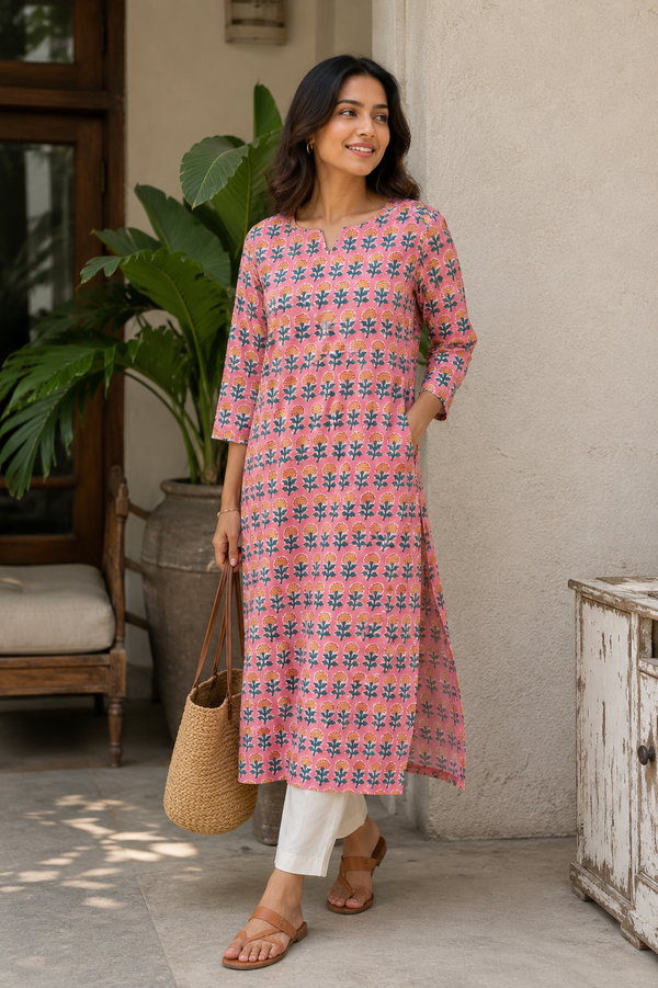 Pink Butta Sanganeri Straight Cut Kurta With Lining