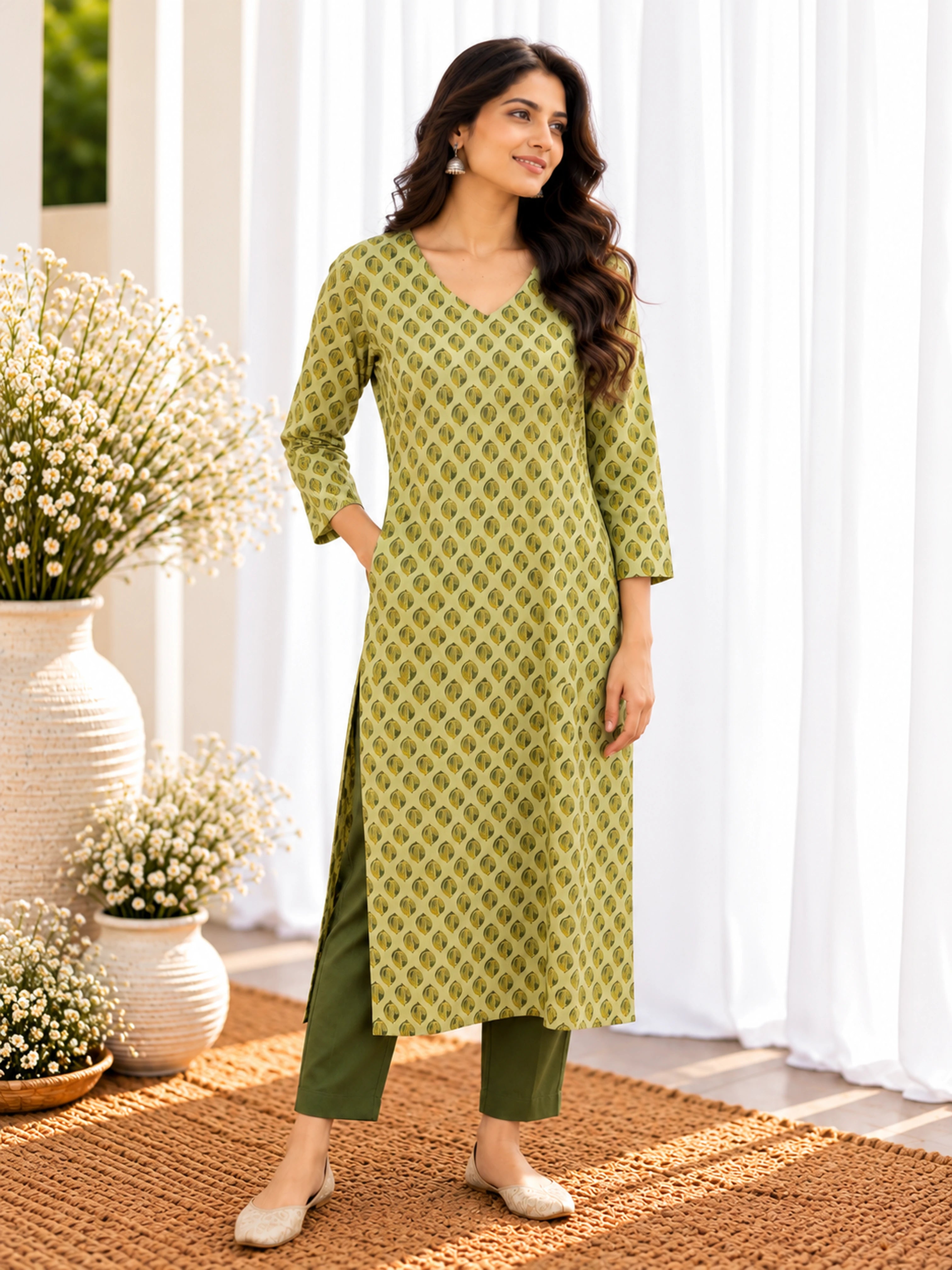 Pista Green Leaf Buti Jahota Handblock Printed Straight Cut Cotton Kurta