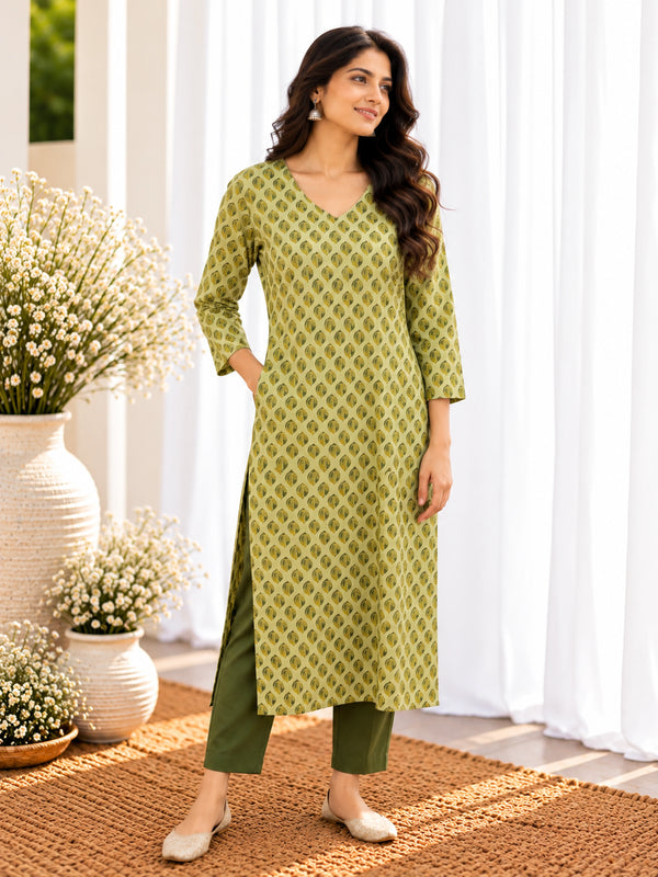 Pista Green Leaf Buti Jahota Handblock Printed Straight Cut Cotton Kurta