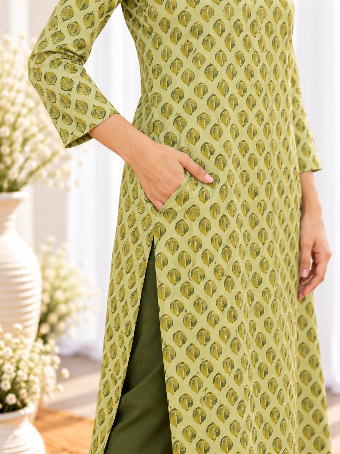 Pista Green Leaf Buti Jahota Handblock Printed Straight Cut Cotton Kurta