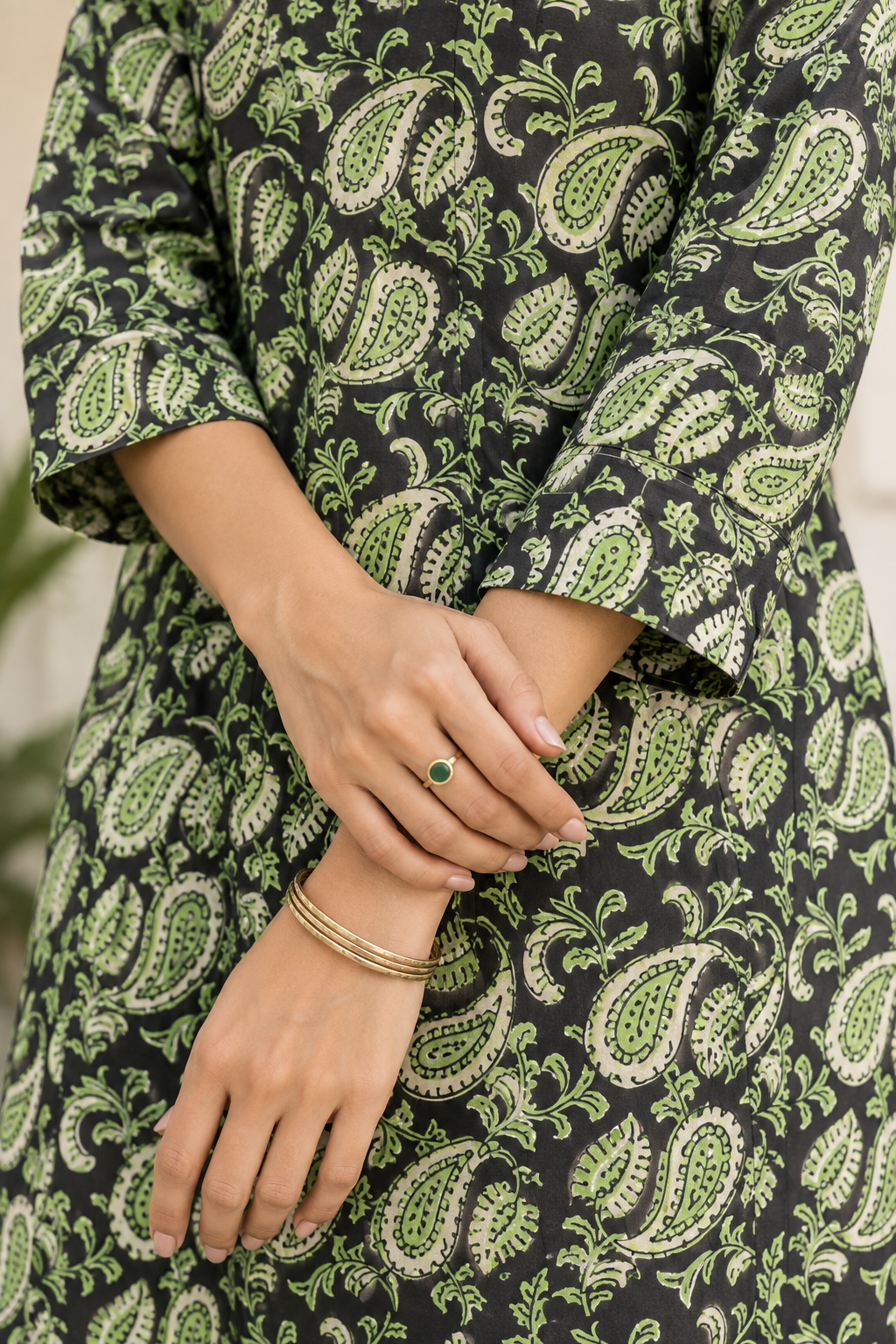 Black & Green Paisley HandBlock Printed A-Line Cotton Dress