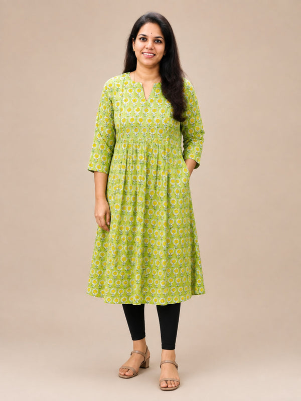 Lime Green Bagru Block Printed Pleated A-Line Kurta