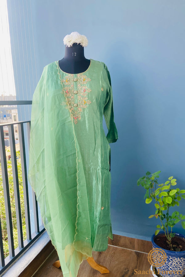 Sea Green Dola Silk Hand Zardosi Suit Set - 3 Piece