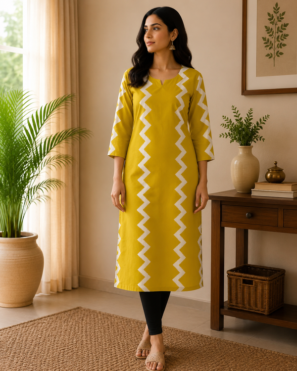 Greenish Yellow Cotton Kurta