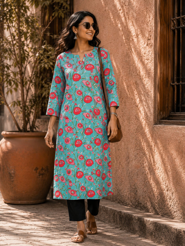 Teal Sanganeri Straight Cut Kurta