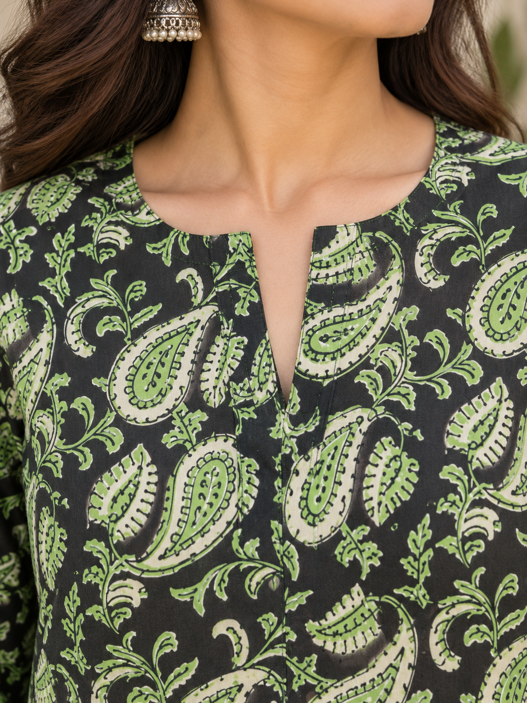 Black & Green Paisley HandBlock Printed A-Line Cotton Dress