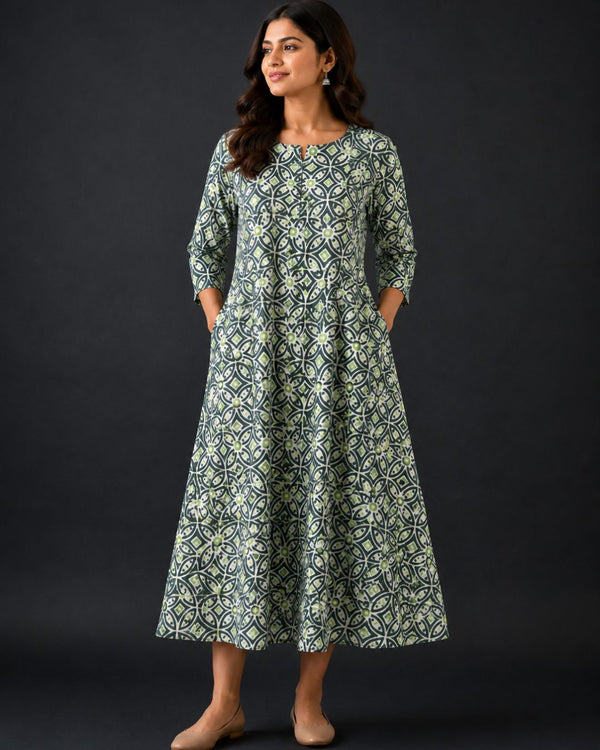 Dark Grey Dabu Block Printed Cotton A-Line Kurta