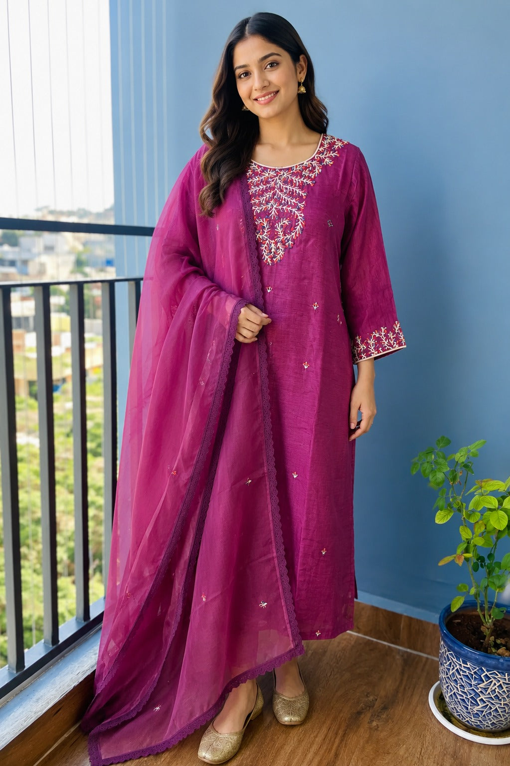 Violet Dola Silk Thread Embroidered Suit Set - 3 Piece