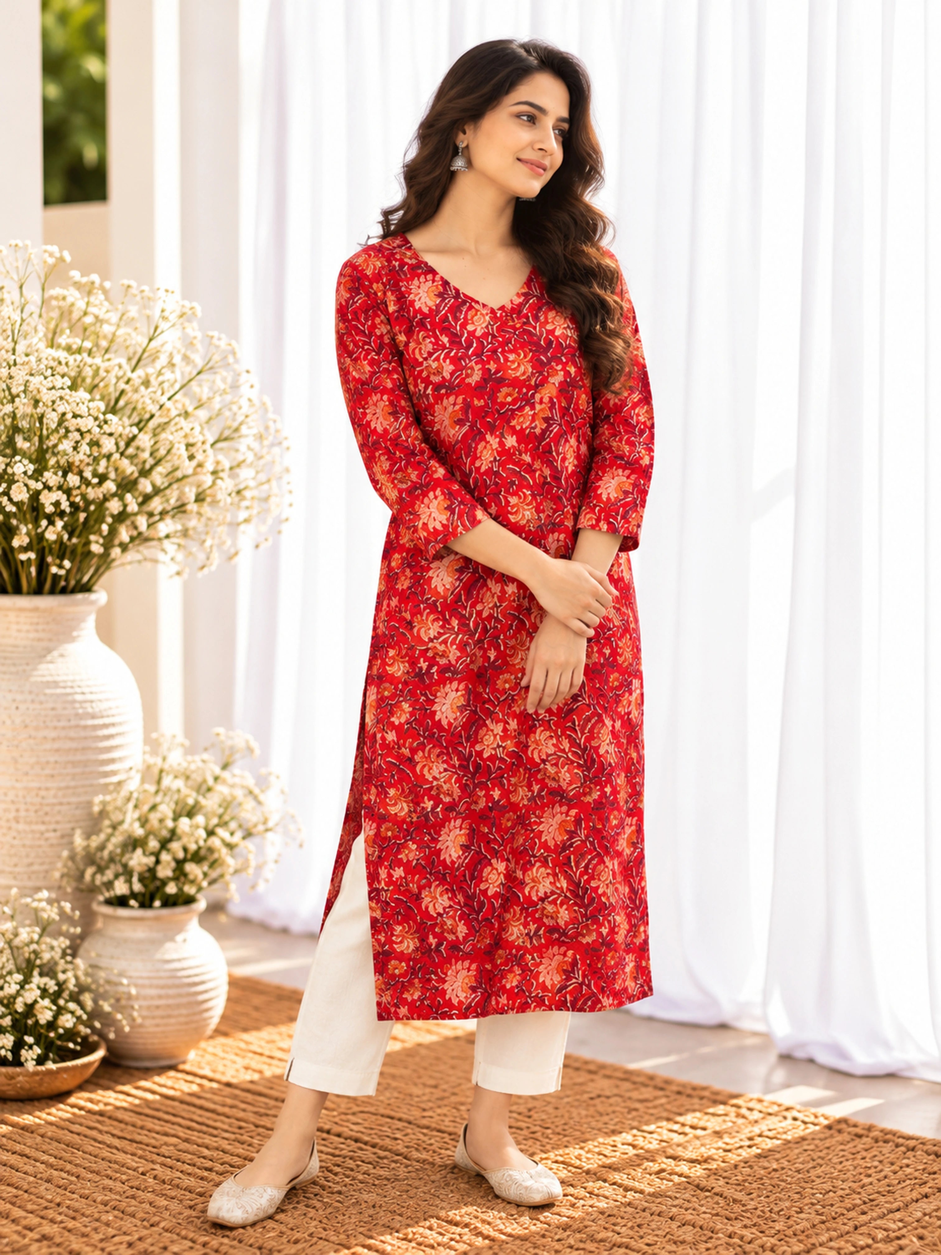 Red Gul Floral Jaal Sanganeri Handblock Printed Straight Cut Cotton Kurta