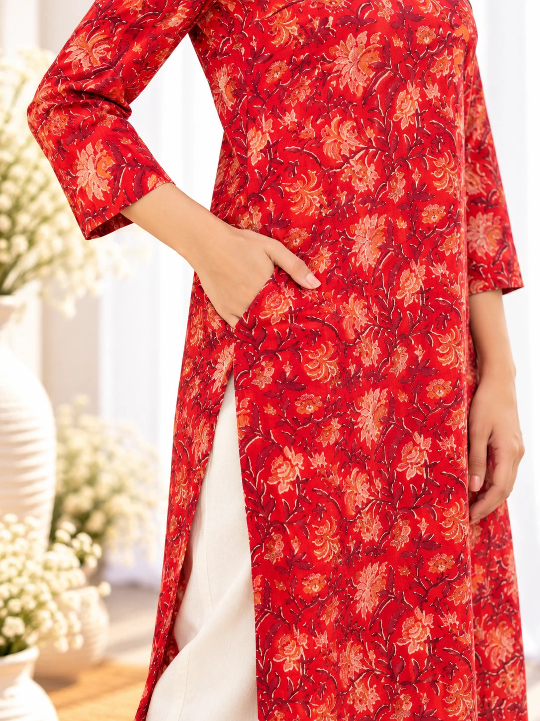 Red Gul Floral Jaal Sanganeri Handblock Printed Straight Cut Cotton Kurta