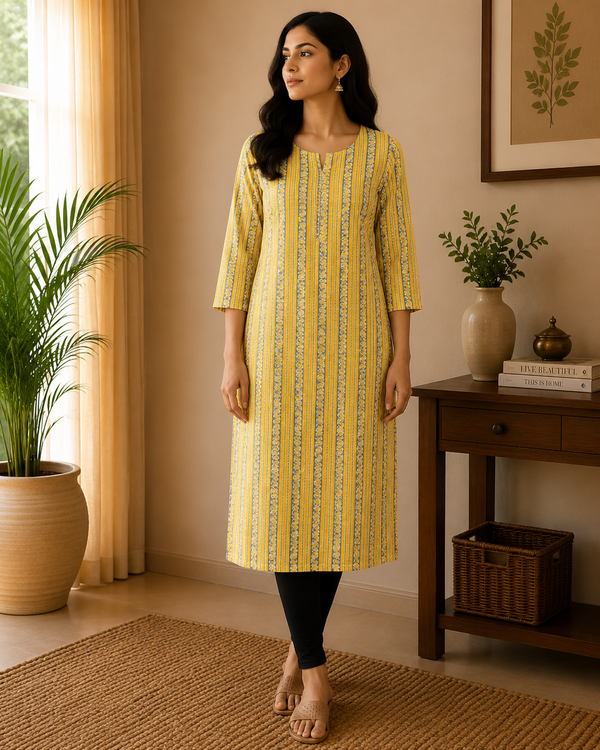 Lime Yellow Strips Cotton Kurta