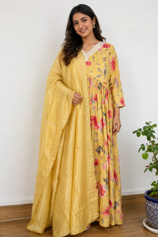 Lemon Yellow Muslin Silk Thread Lace Suit Set - 3 Piece