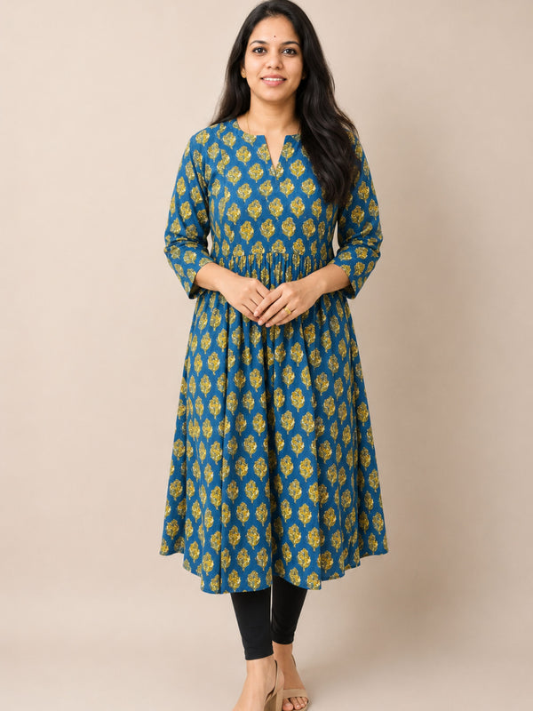 Teal Bagru Block Printed Pleated A-Line Kurta