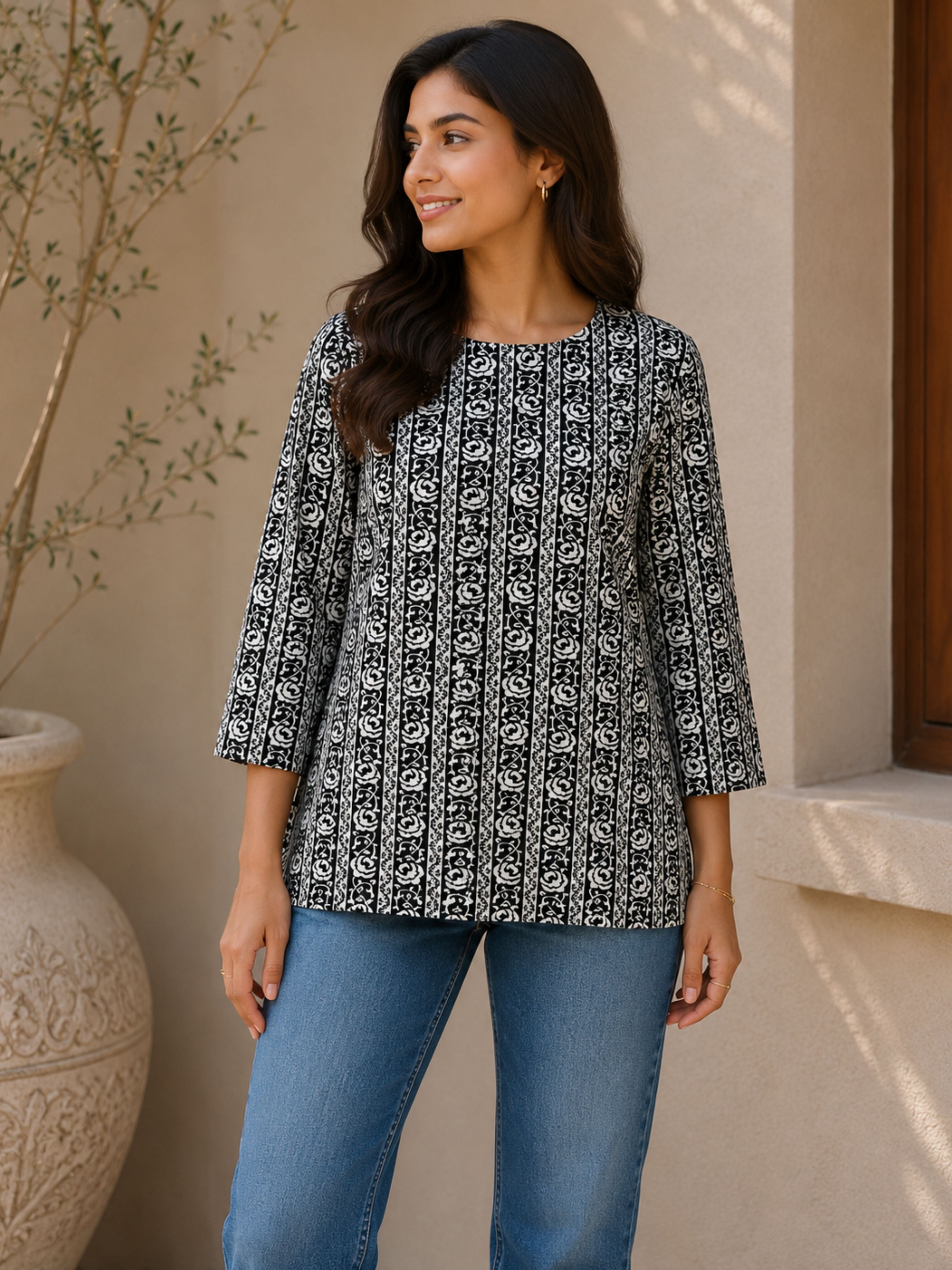 Black & White Cotton Short Kurta