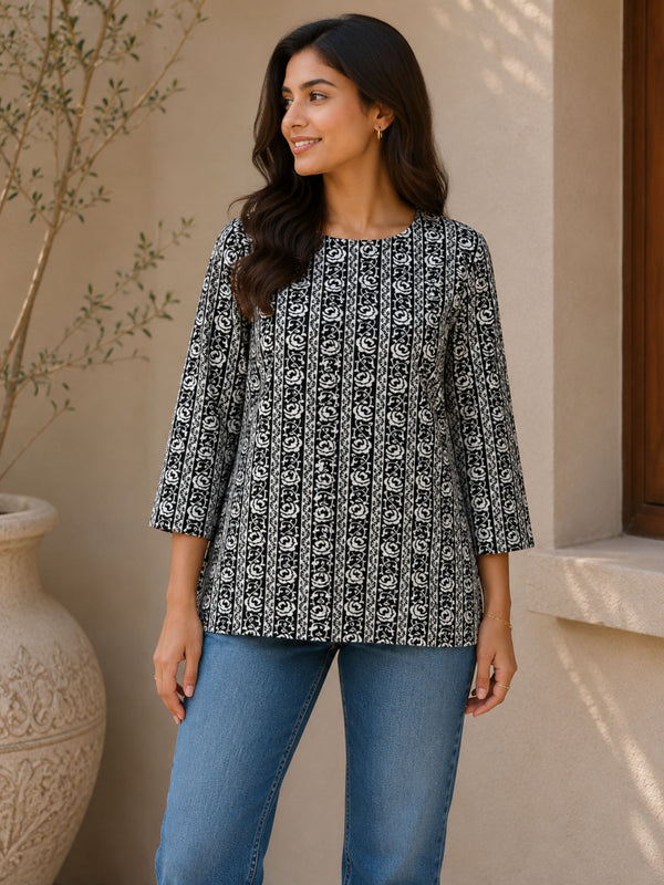 Black & White Cotton Short Kurta