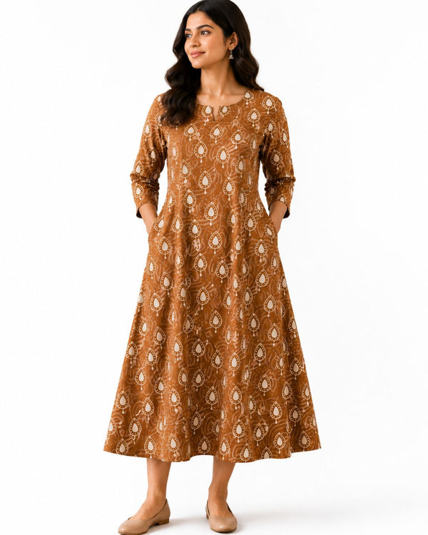 Brown Dabu Block Printed Cotton A-Line Kurta