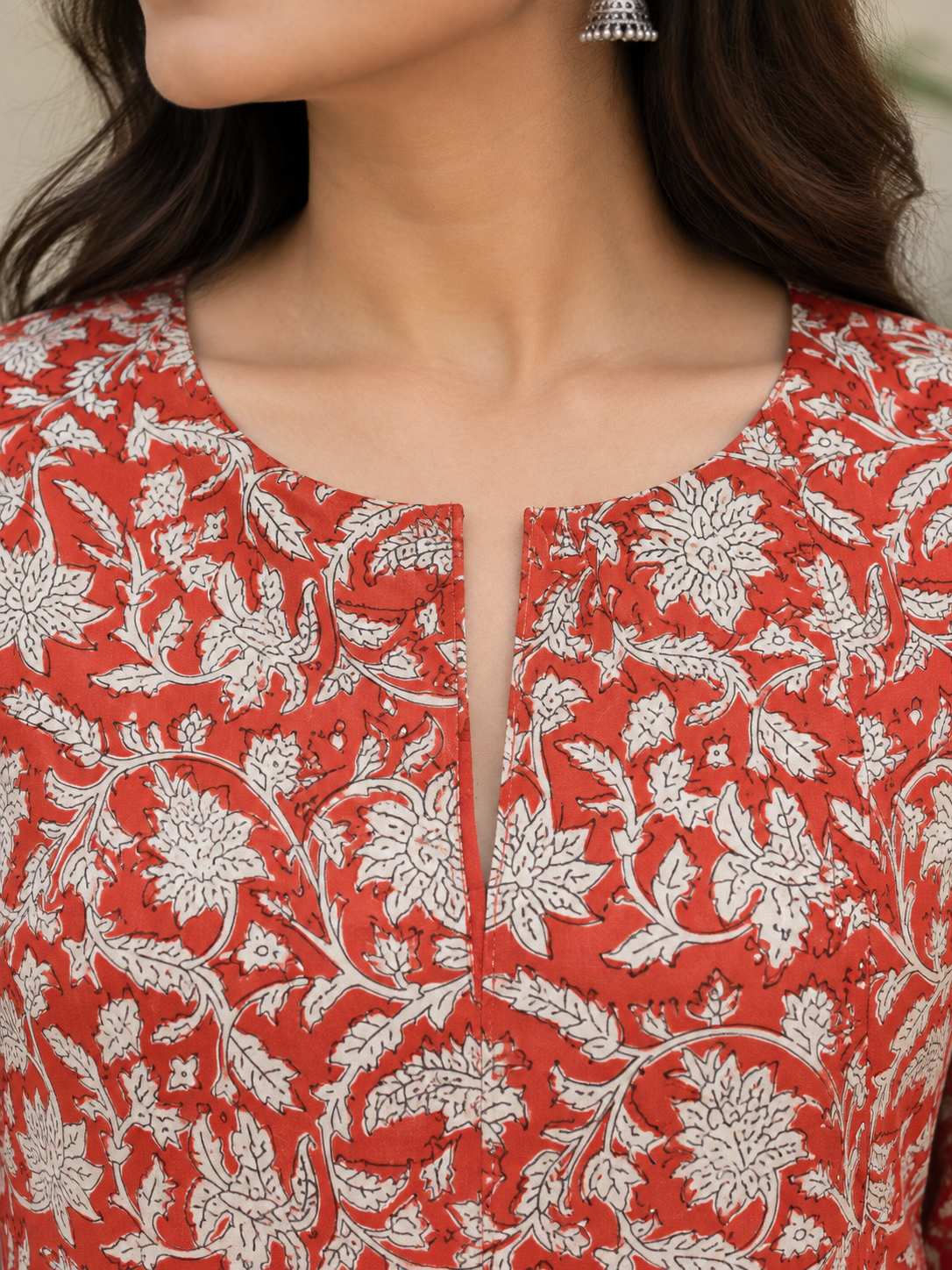 Red Tree Buti Handblock Printed A-Line Cotton Kurta