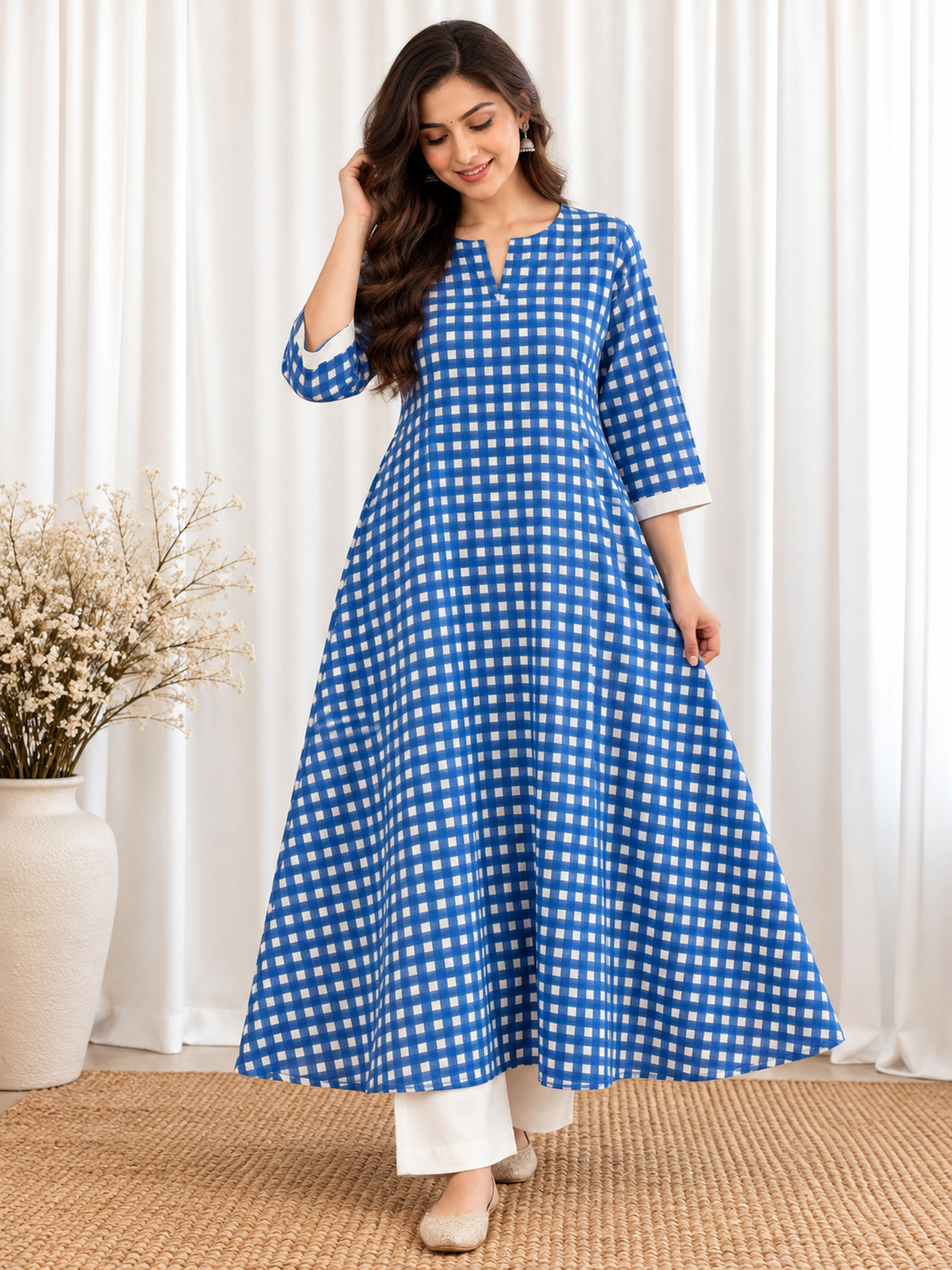 Neel Gingham HandBlock Printed A-Line Cotton Kurta