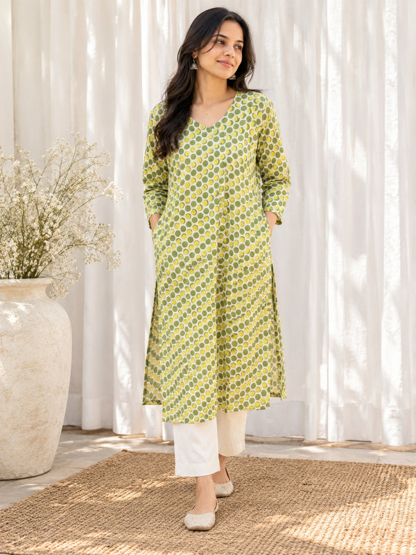 Green Yellow Polka Dot Dabu Handblock Printed Straight Cut Cotton Kurta