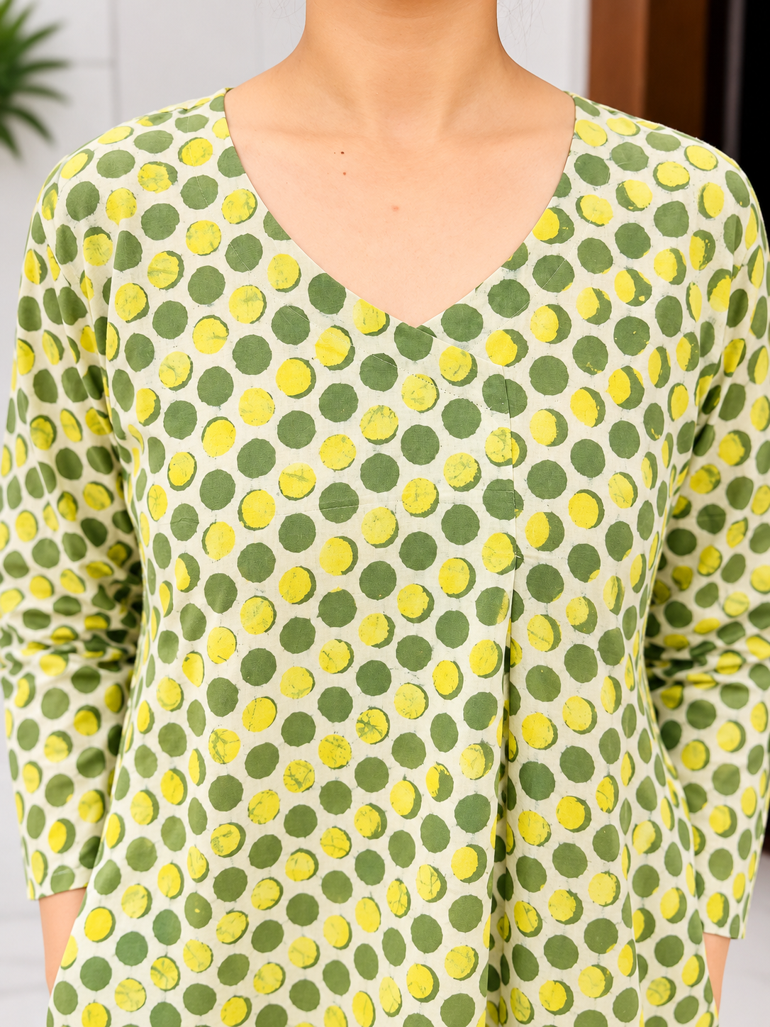 Green Yellow Polka Dot Dabu Handblock Printed Straight Cut Cotton Kurta