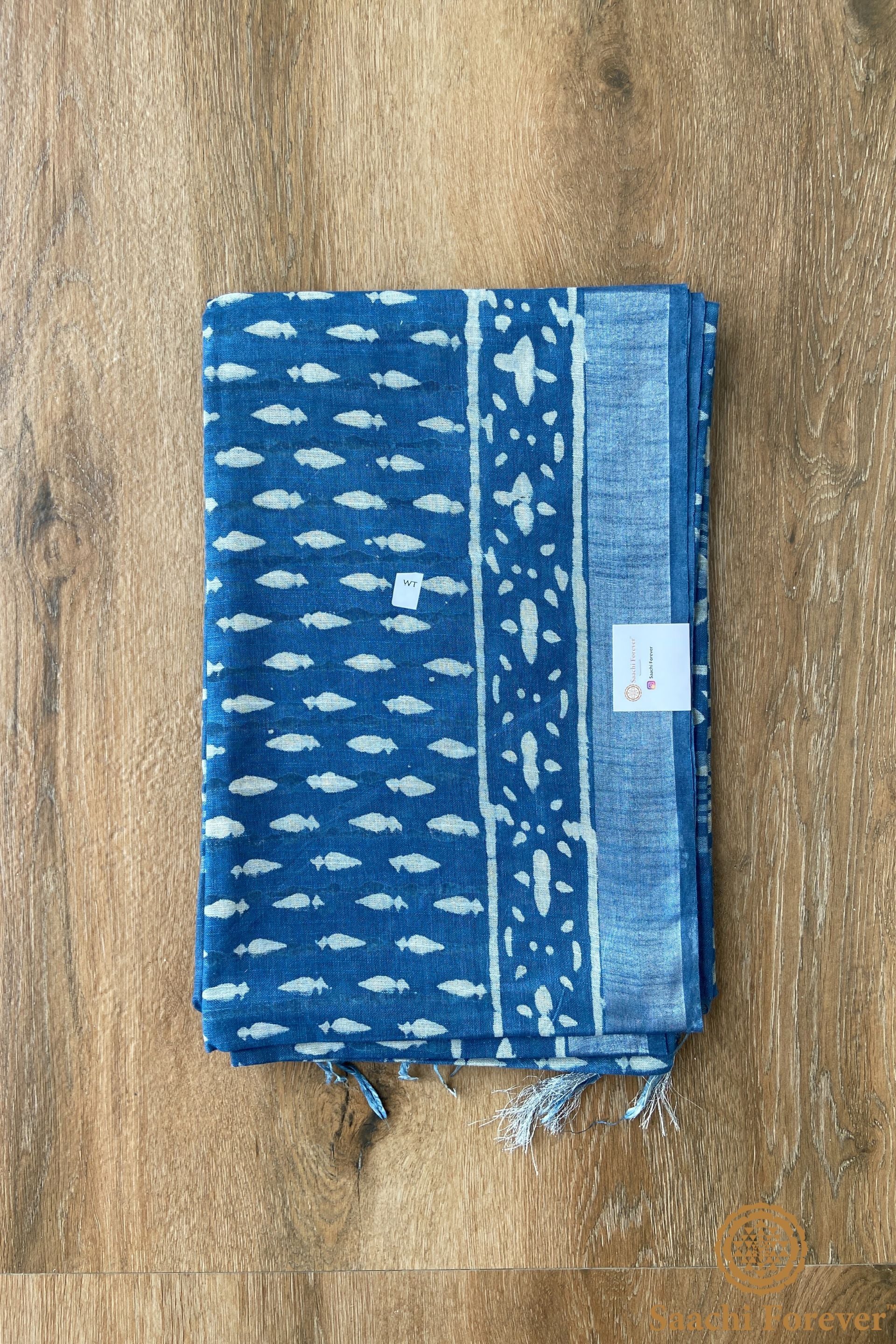 Light Blue Block Printed Linen silver zari Saree