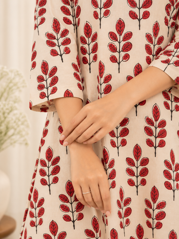 Beige Red Leaf Motif HandBlock Printed A-Line Cotton Kurta