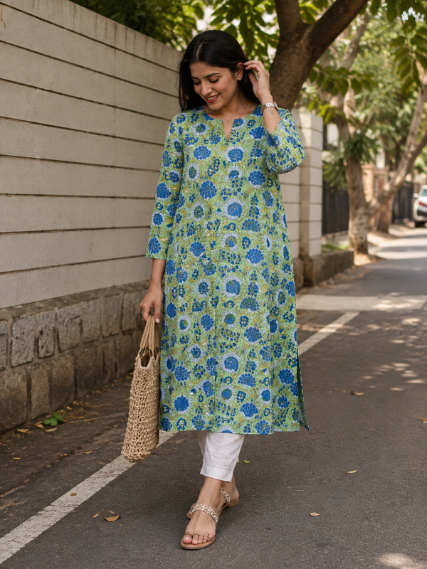 Green Floral Sanganeri Straight Cut Kurta