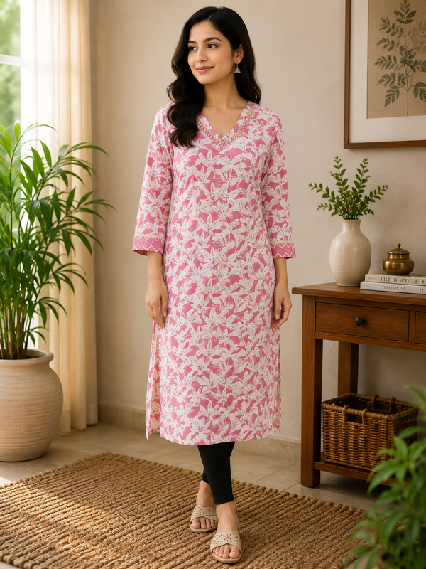 Pink Embroidered Cotton Kurta