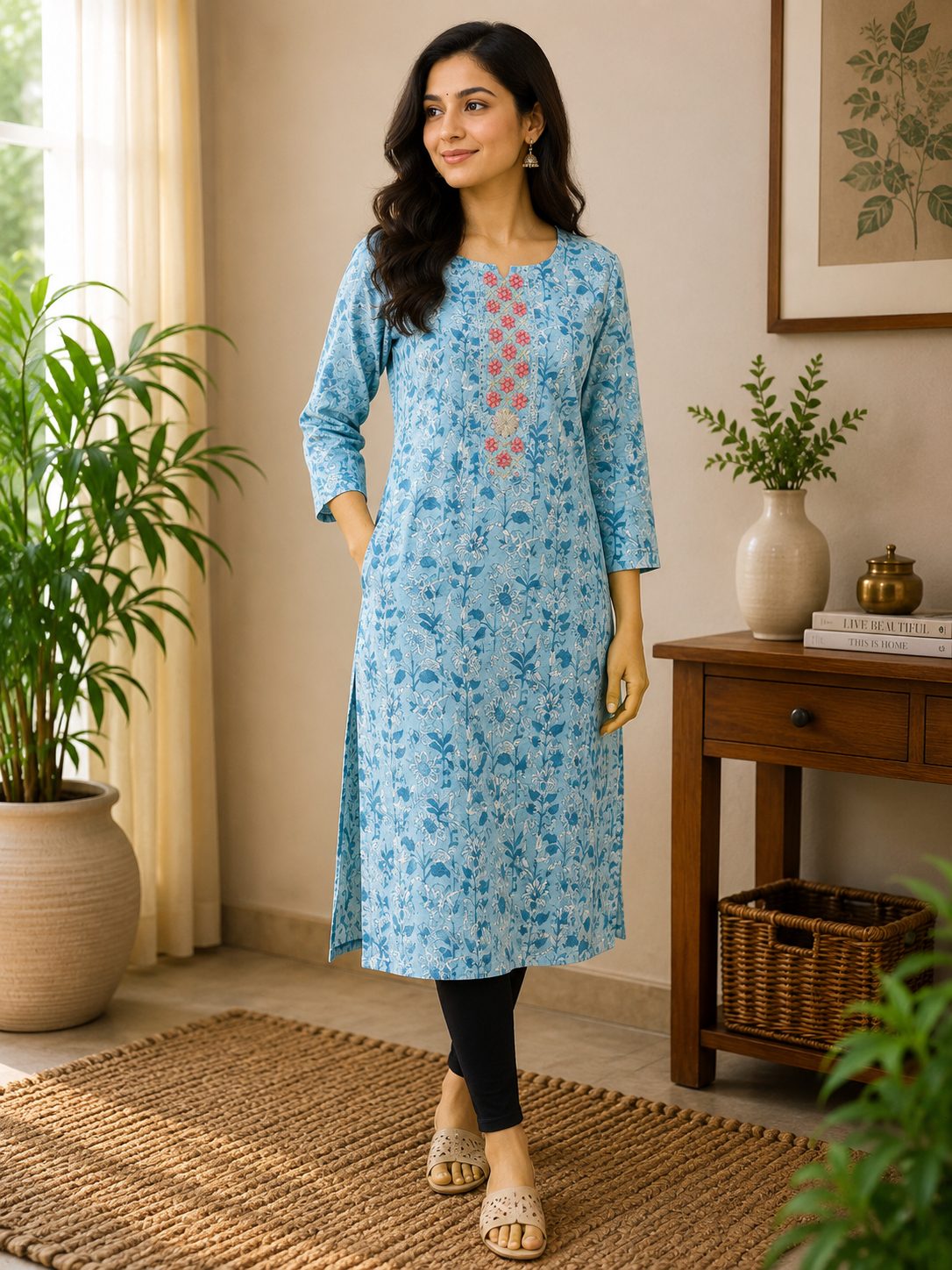 Blue Mirror Embroidered Cotton Kurta