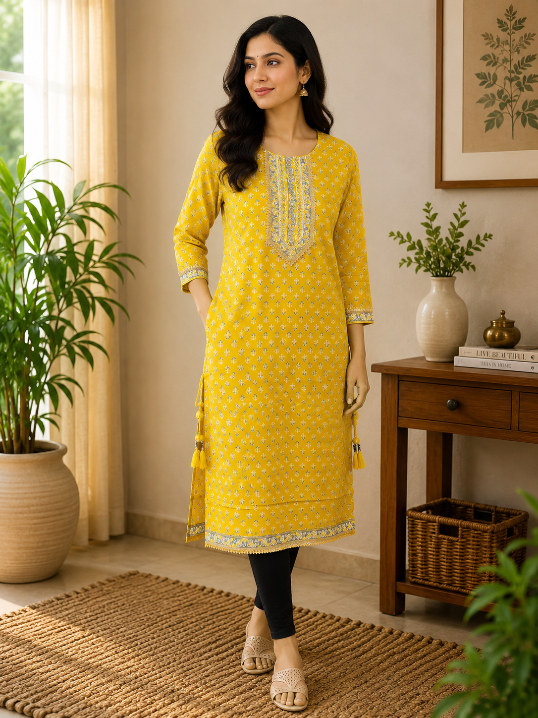 Yellow Embroidered Cotton Kurta With Tassels