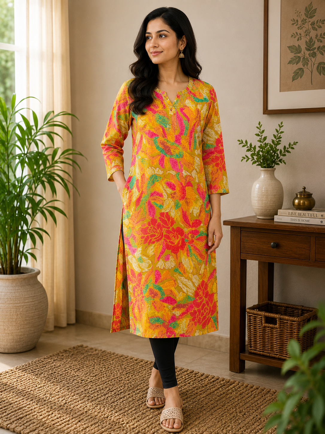 Multi Coloured Embroidered Cotton Kurta