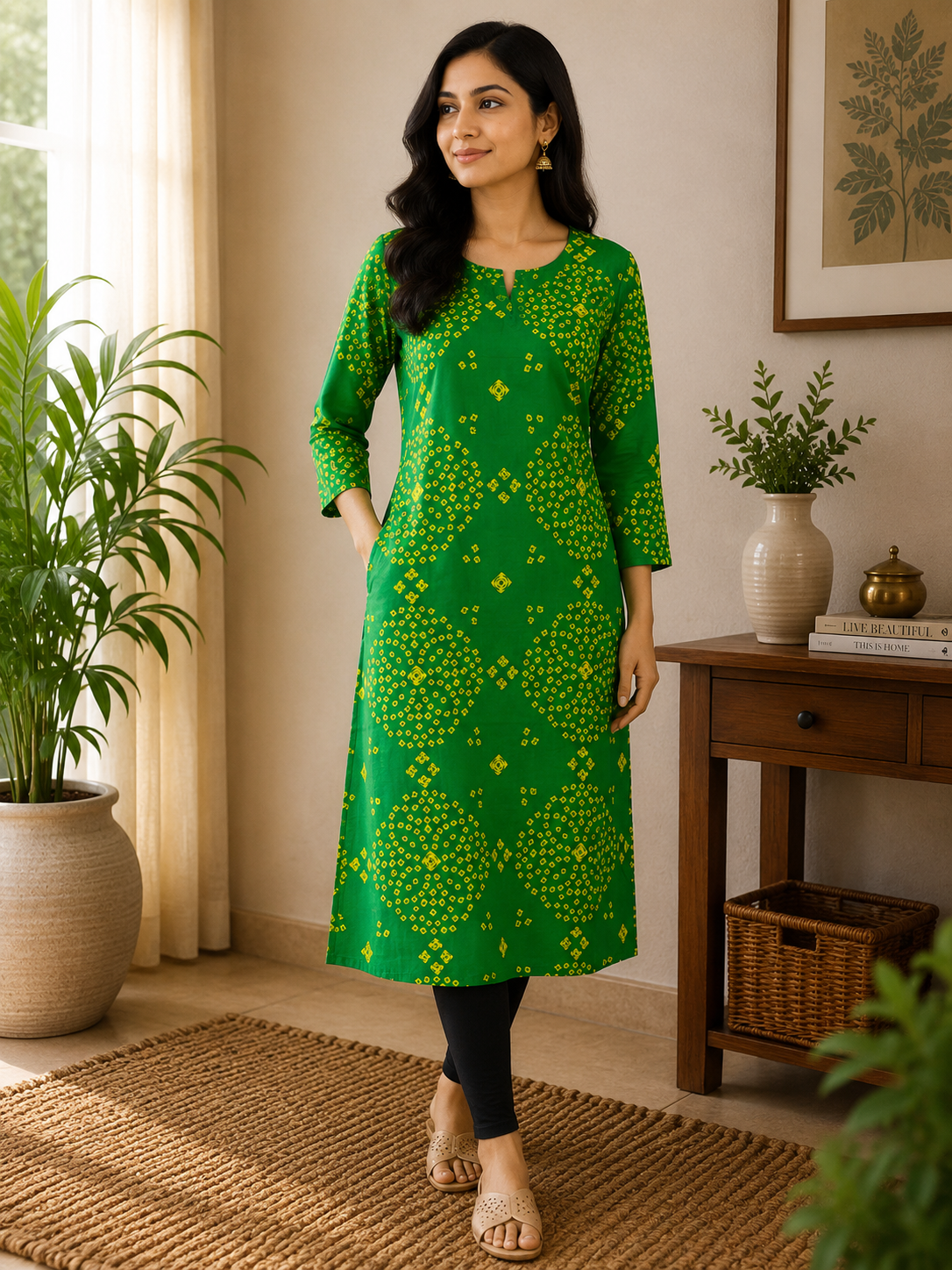 Green Bandhani Cotton Kurta