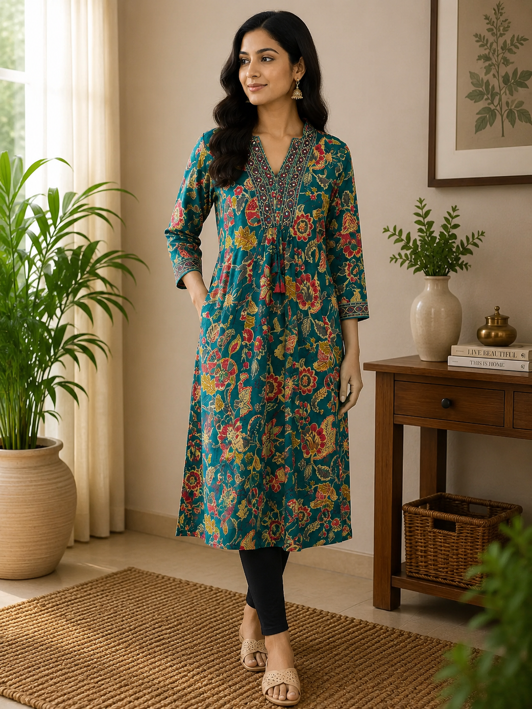 Green Floral A-Line Cotton Kurta