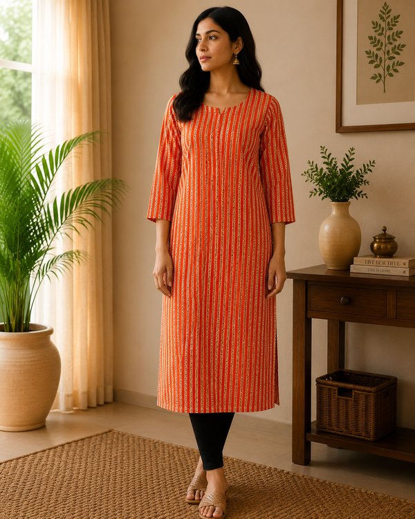 Rust Orange Strips Cotton Kurta