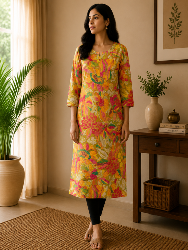 Multi Coloured Embroidered Cotton Kurta